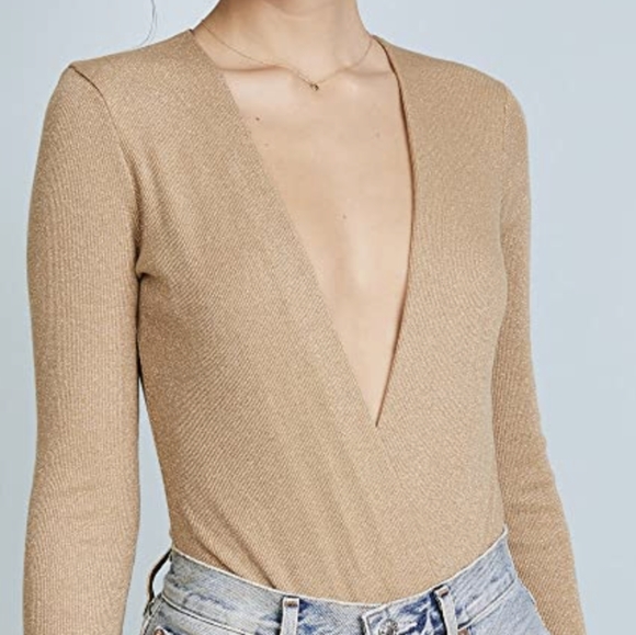 Bec & Bridge Glitter Gal Bodysuit, Deep Plunge Top, Deep V, Gold, NWT - Picture 8 of 8